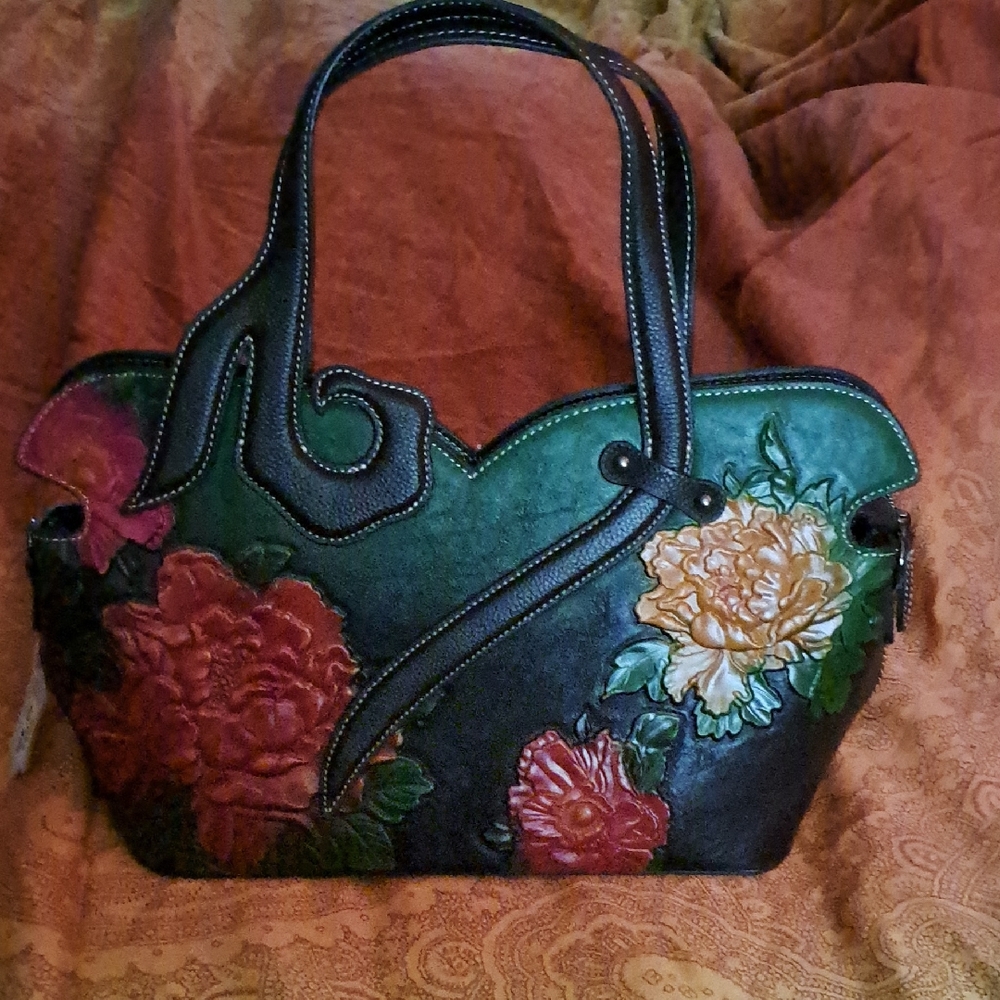 Green and Red Floral Shoulder Bag with Artistic Design